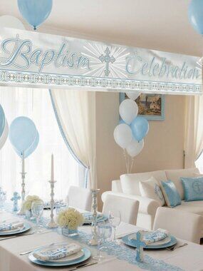 12ft Blue Foil Baptism Celebration Banner Radiant Cross Christening Party Decor